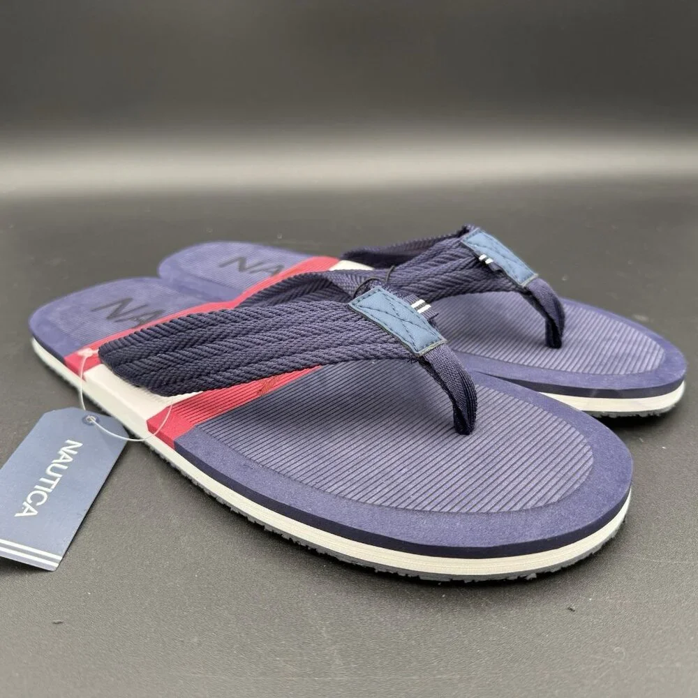Nautica Mens Eccen‎ Flip Flops Size 13 Navy Blue Red White Striped Sandals